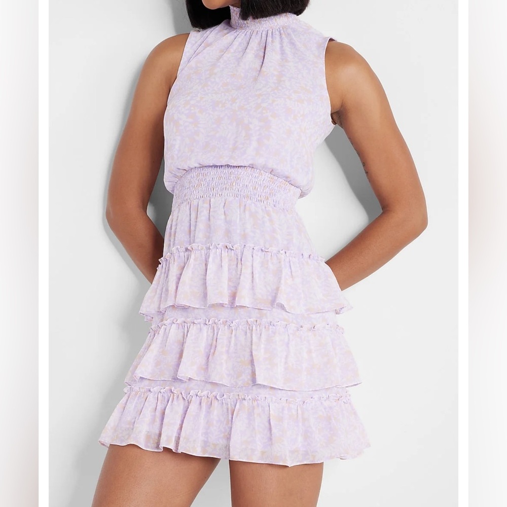 Express Printed Sleeveless Mock Neck Tiered
Ruffle Dress in lilac Purple Print